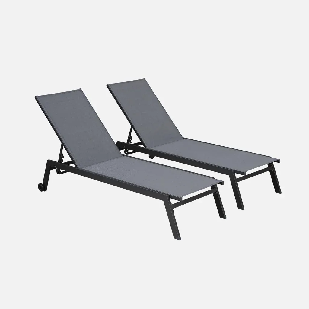 Lot de 2 transats aluminium multi-positions taupe avec roulettes