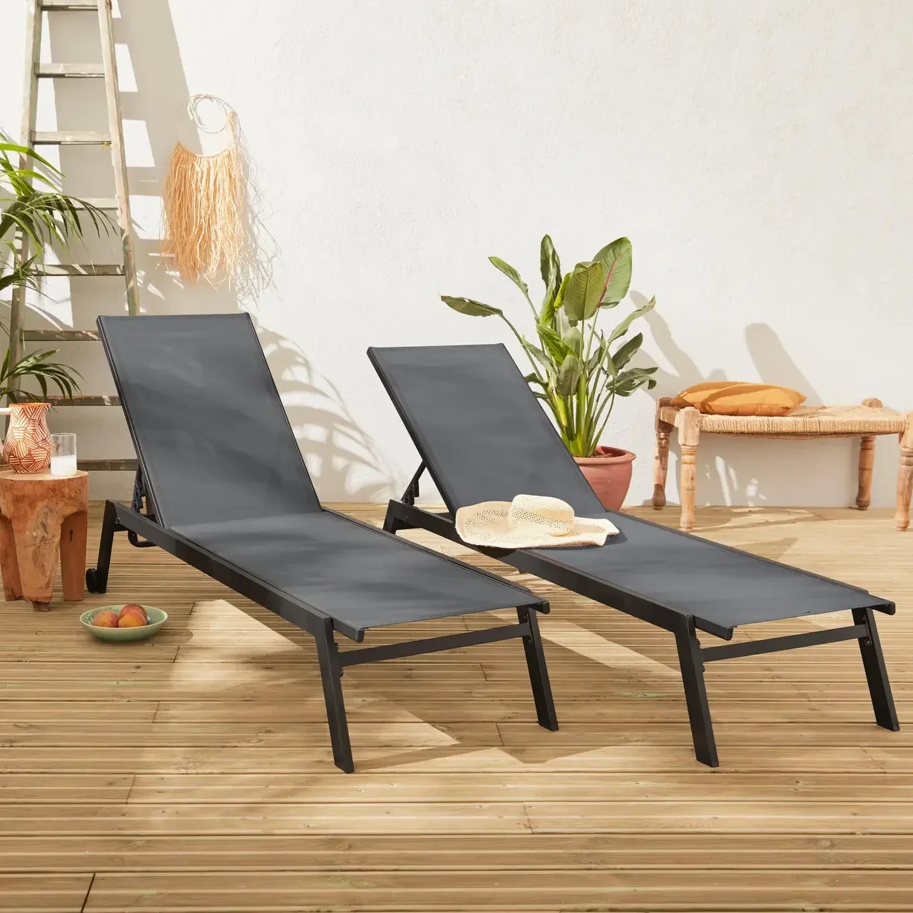 Lot de 2 transats aluminium multi-positions taupe avec roulettes