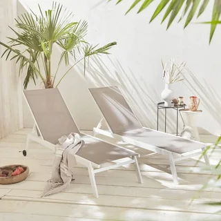 Lot de 2 transats alu multi-positions sur roulettes - Bain de soleil textilène taupe