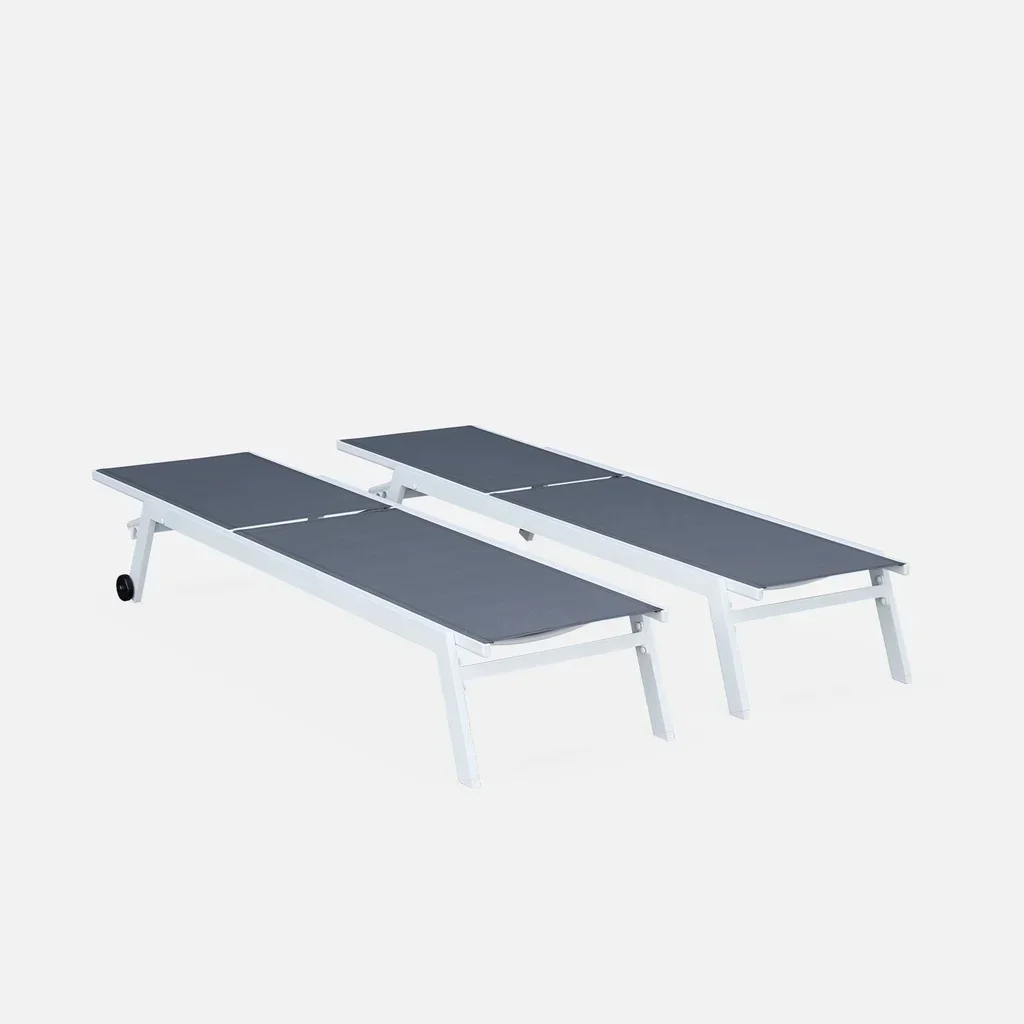 2 transats alu multi-positions roulettes textilène taupe et blanc