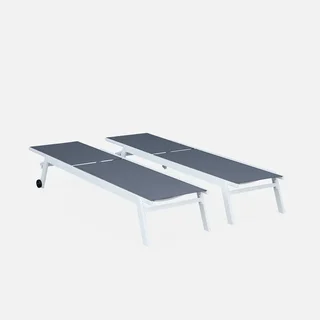 2 transats alu multi-positions roulettes textilène taupe et blanc