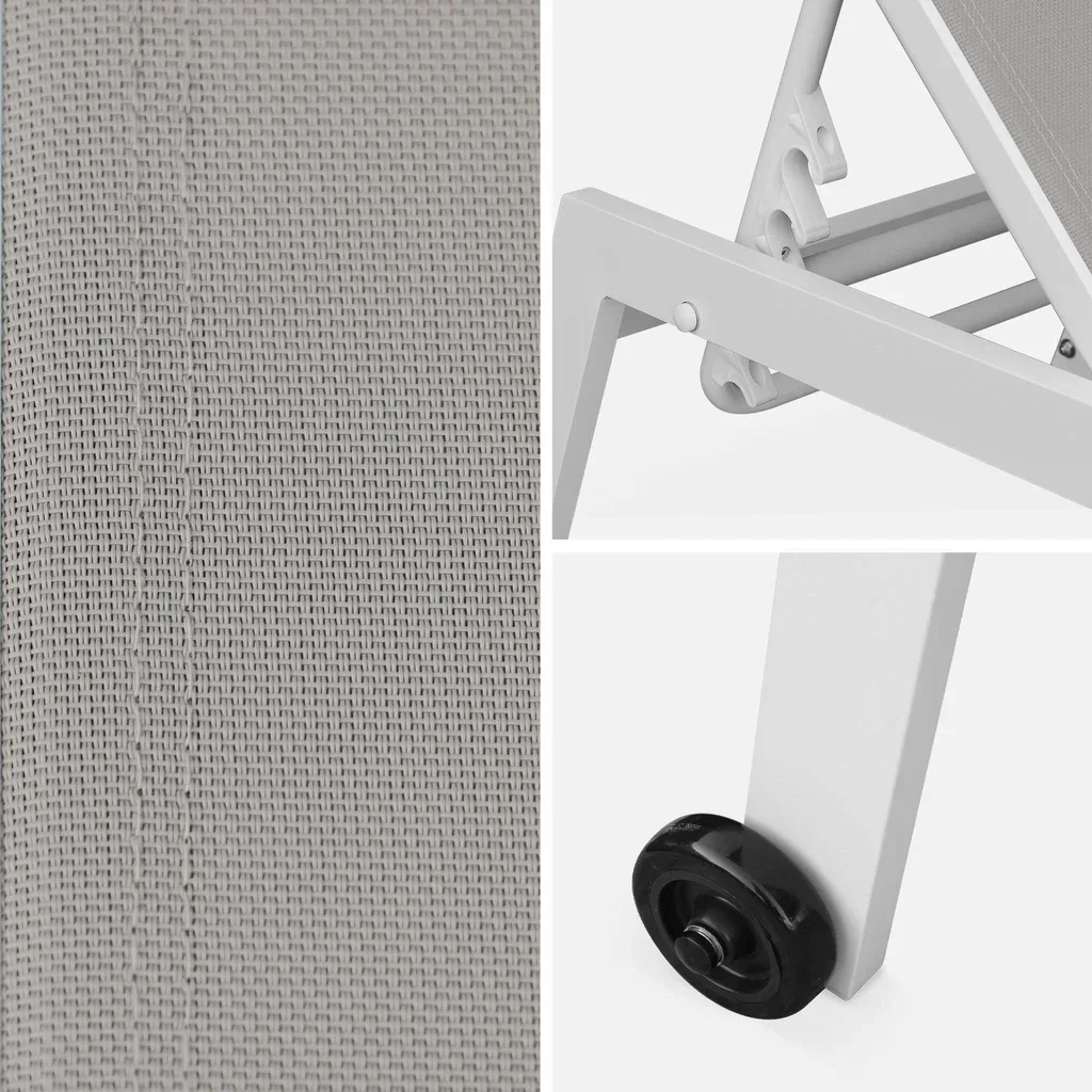 Lot de 2 transats alu multi-positions sur roulettes - Bain de soleil textilène taupe