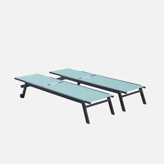 Lot de 2 transats aluminium multi-positions avec roulettes - design blanc et taupe