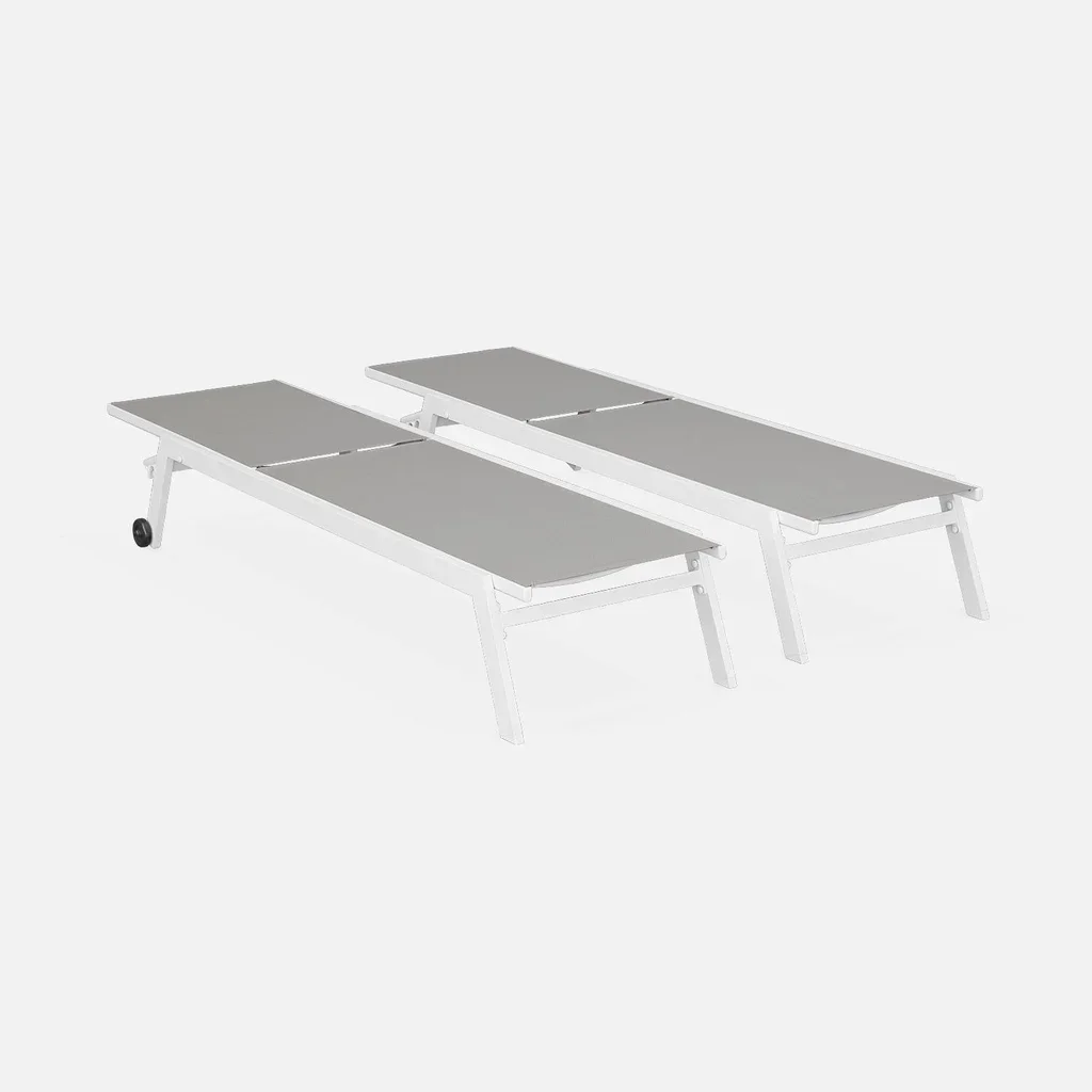 Lot de 2 transats alu multi-positions sur roulettes - Bain de soleil textilène taupe