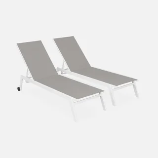 Lot de 2 transats alu multi-positions sur roulettes - Bain de soleil textilène taupe