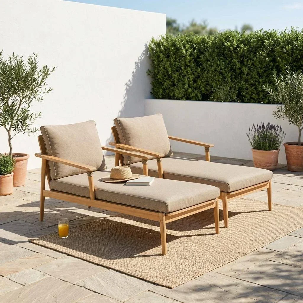Bain de soleil bois acacia et corde avec coussins oléfine - Lot de 2