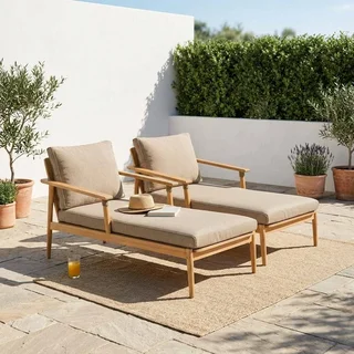 Bain de soleil bois acacia et corde avec coussins oléfine - Lot de 2