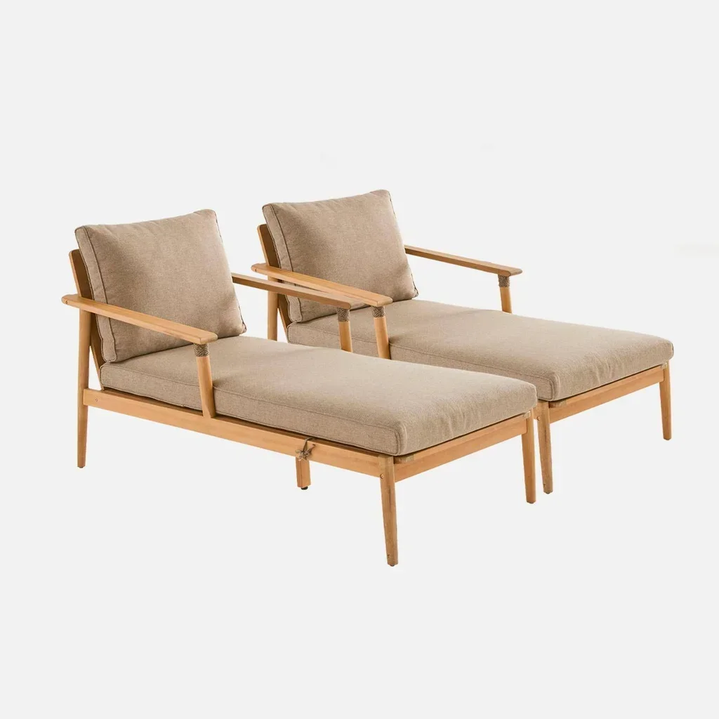 Bain de soleil bois acacia et corde avec coussins oléfine - Lot de 2