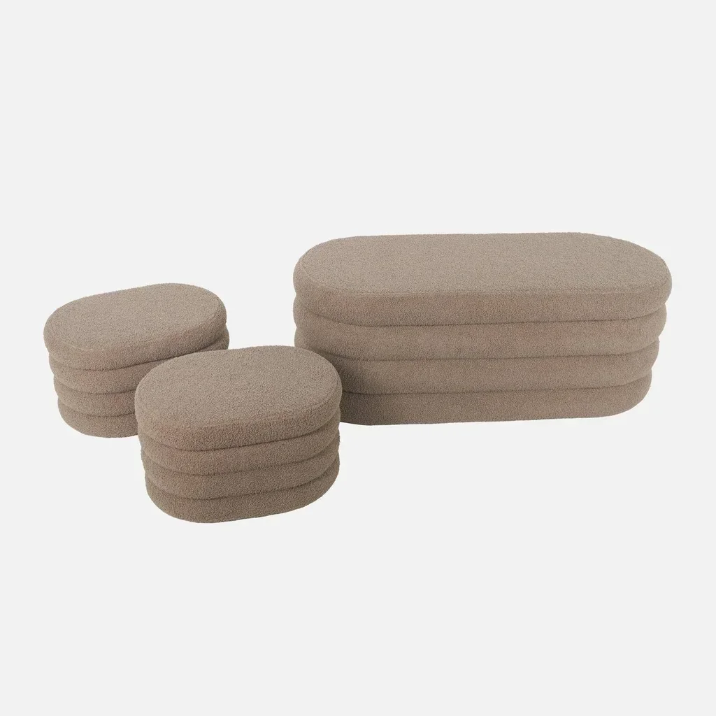 Banc coffre bouclette blanc avec 2 poufs rangement intégré
