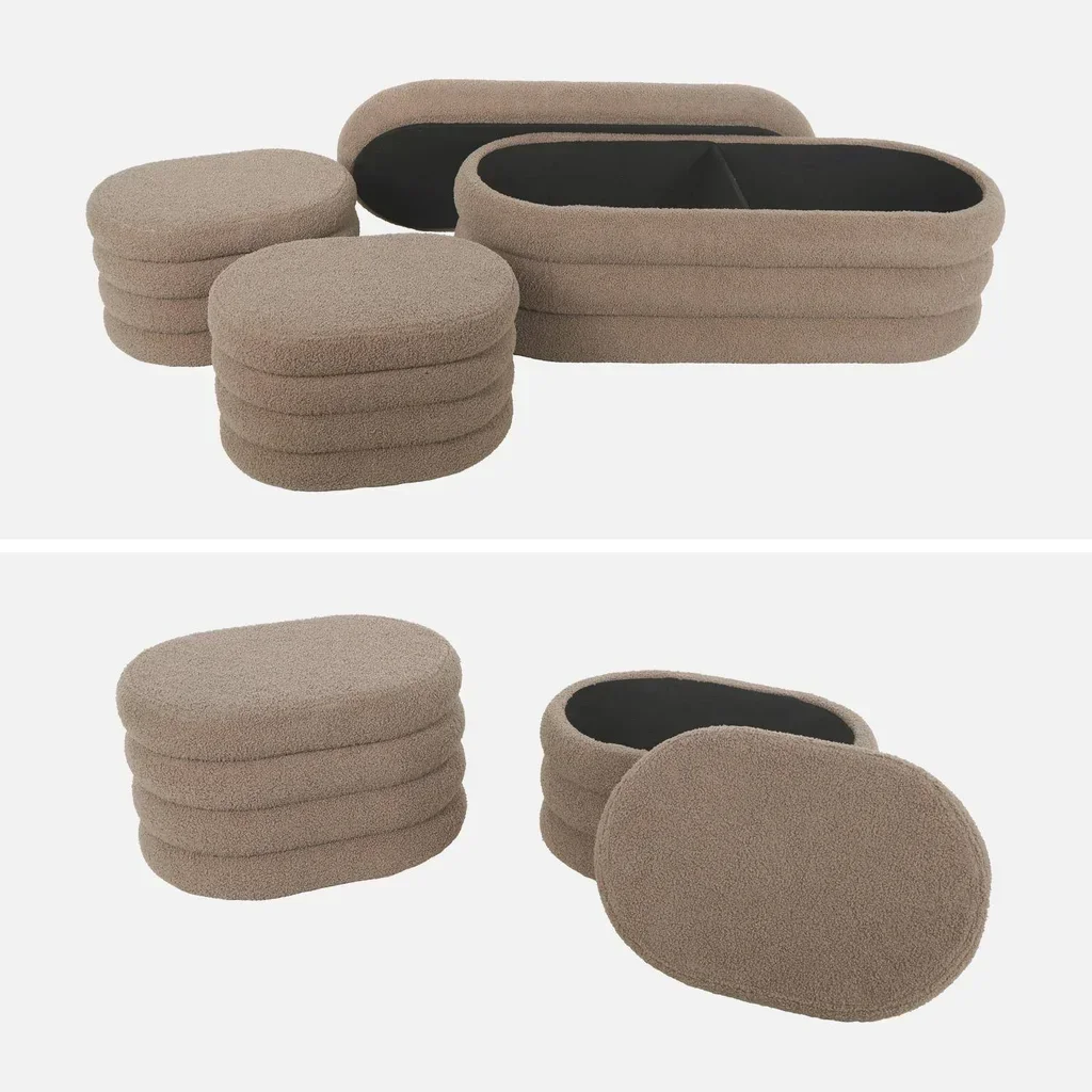Banc coffre bouclette blanc avec 2 poufs rangement intégré