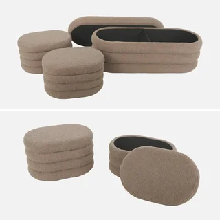 Banc coffre bouclette blanc avec 2 poufs rangement intégré
