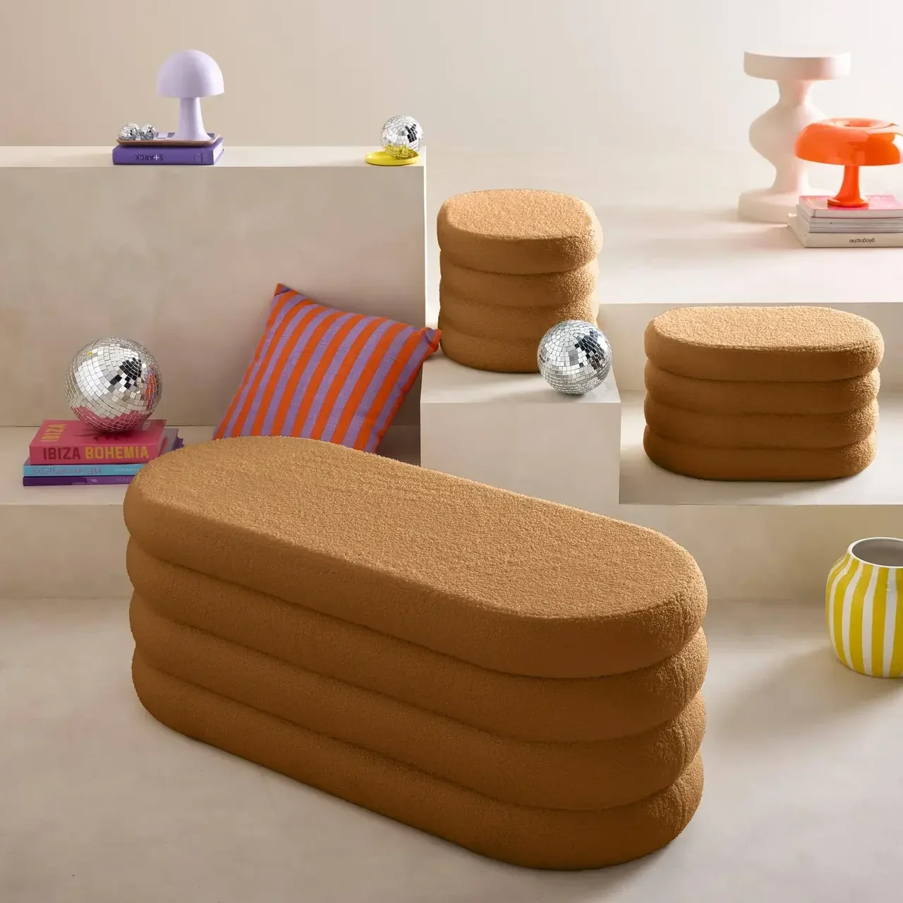 Banc coffre bouclette avec 2 poufs rangement intégré beige