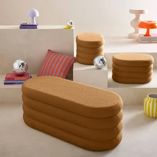 Banc coffre bouclette avec 2 poufs rangement intégré beige