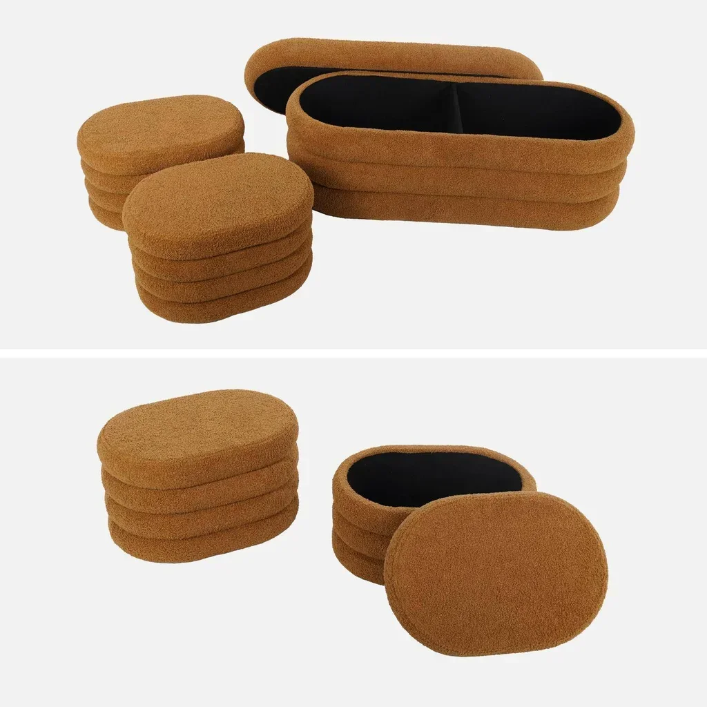Banc coffre bouclette avec 2 poufs rangement intégré beige