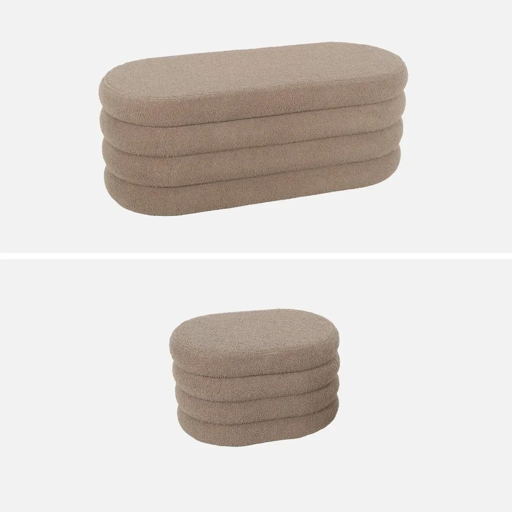 Banc coffre bouclette blanc avec 2 poufs rangement intégré