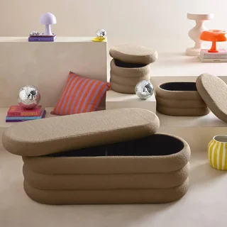 Banc coffre bouclette blanc avec 2 poufs rangement intégré