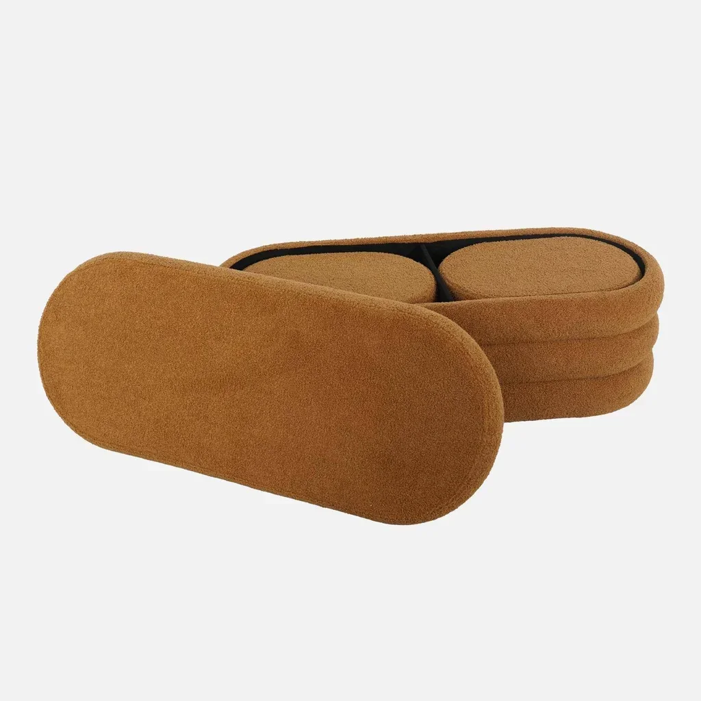 Banc coffre bouclette avec 2 poufs rangement intégré beige