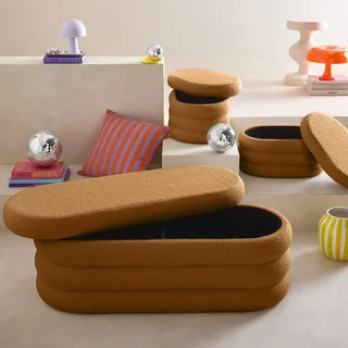 Banc coffre bouclette avec 2 poufs rangement intégré beige
