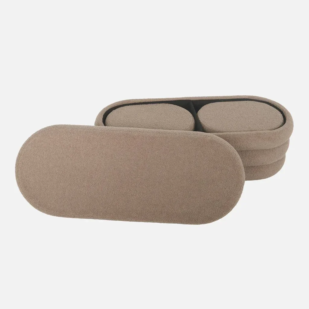 Banc coffre bouclette blanc avec 2 poufs rangement intégré