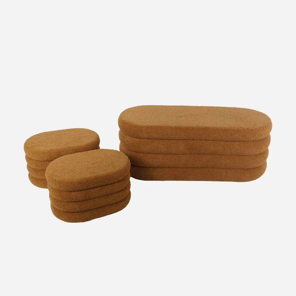 Banc coffre bouclette avec 2 poufs rangement intégré beige
