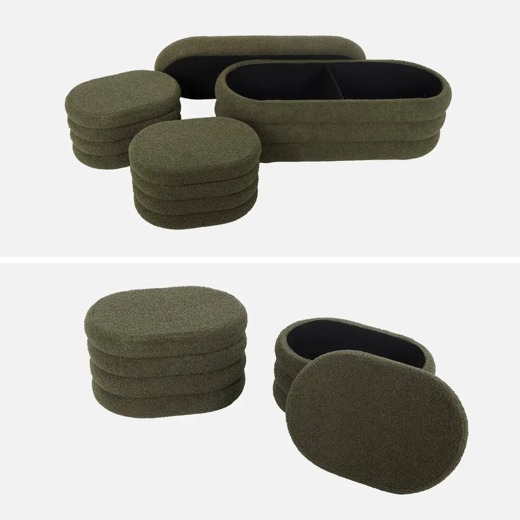 Banc coffre bouclette avec 2 poufs rangement intégré