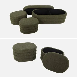 Banc coffre bouclette avec 2 poufs rangement intégré