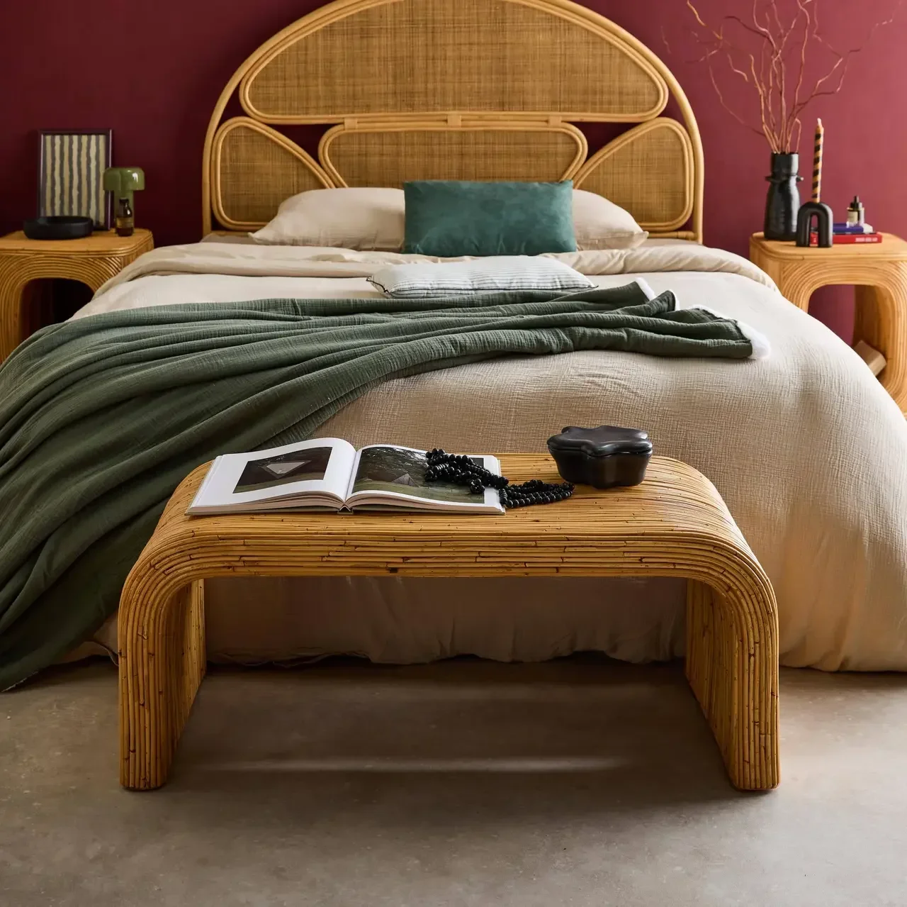Banc d'appoint rotin naturel style exotique bout de lit entrée