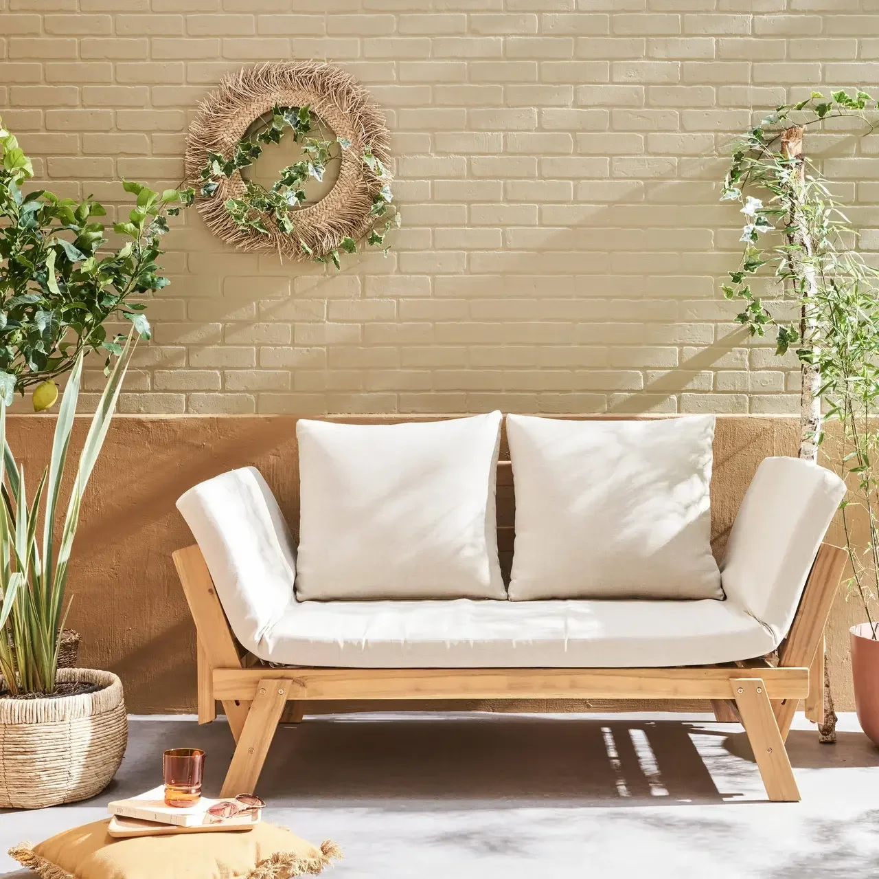 Banc de jardin 2-3 places bois d'acacia avec coussin déhoussable Jalance