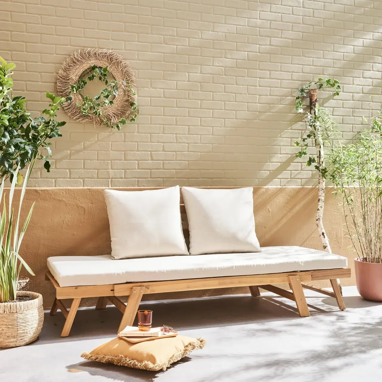 Banc de jardin 2-3 places bois d'acacia avec coussin déhoussable Jalance