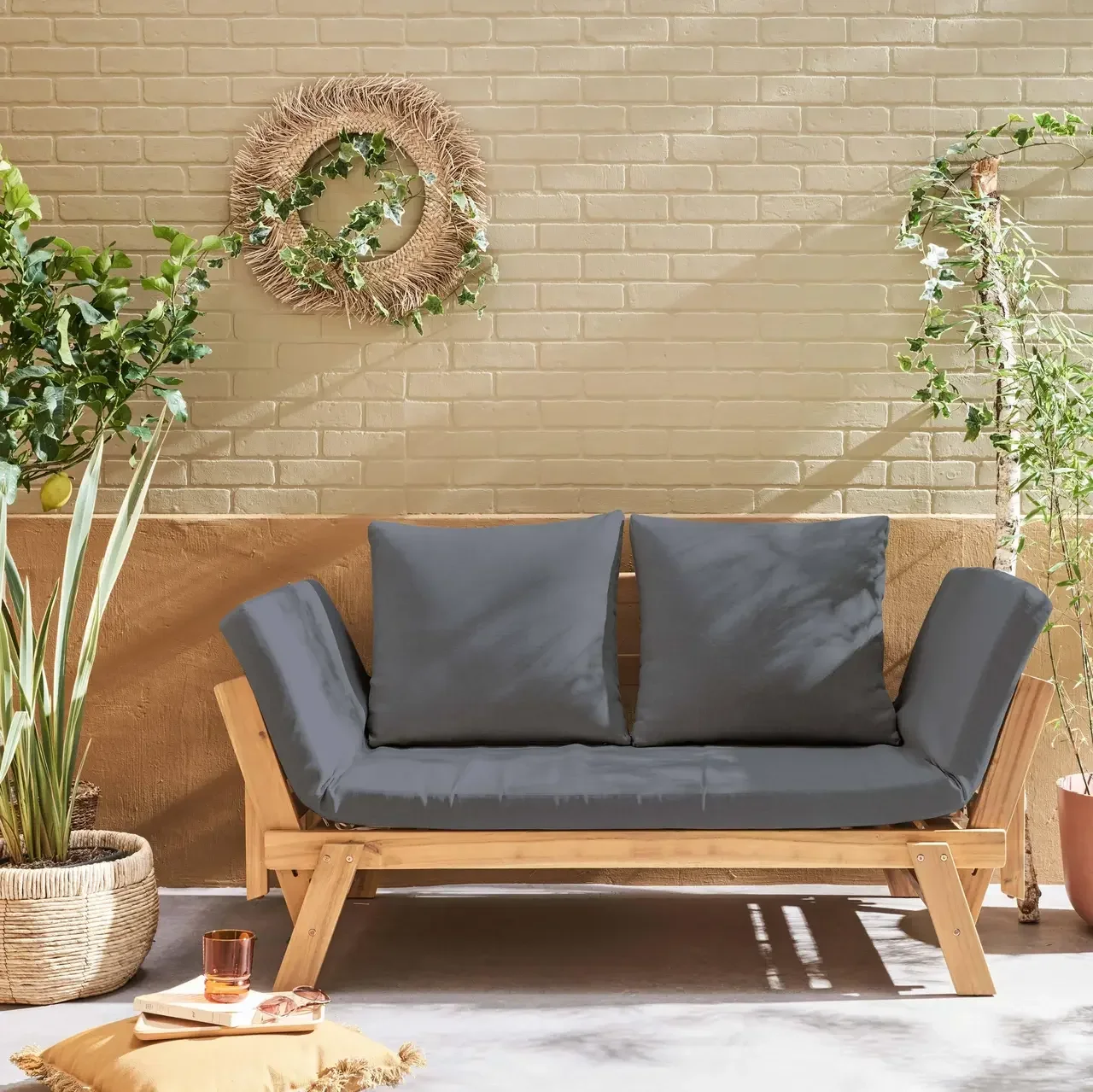 Panchina da giardino in legno di acacia 2-3 posti con braccioli pieghevoli e cuscino sfoderabile 8cm - Collezione Jalance