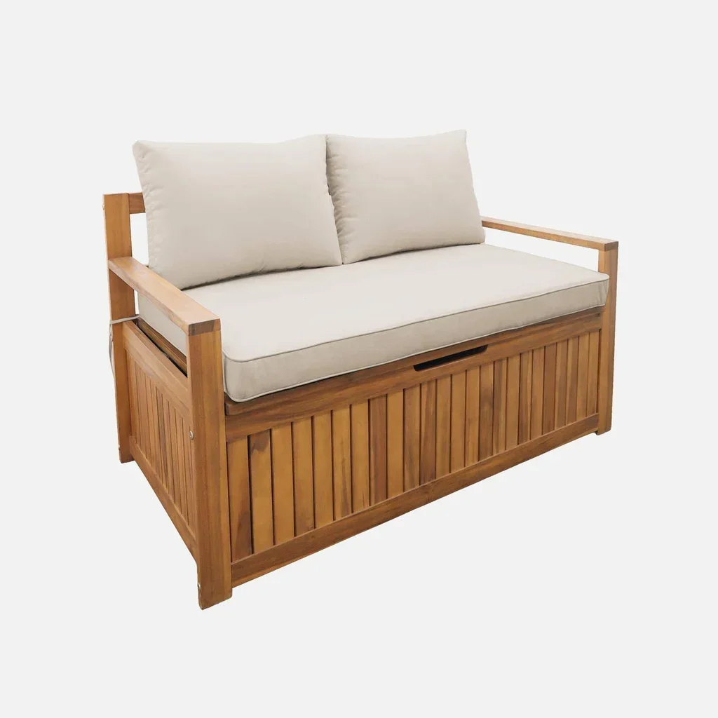 Banc coffre jardin bois acacia coussin rangement 110L Kuboa