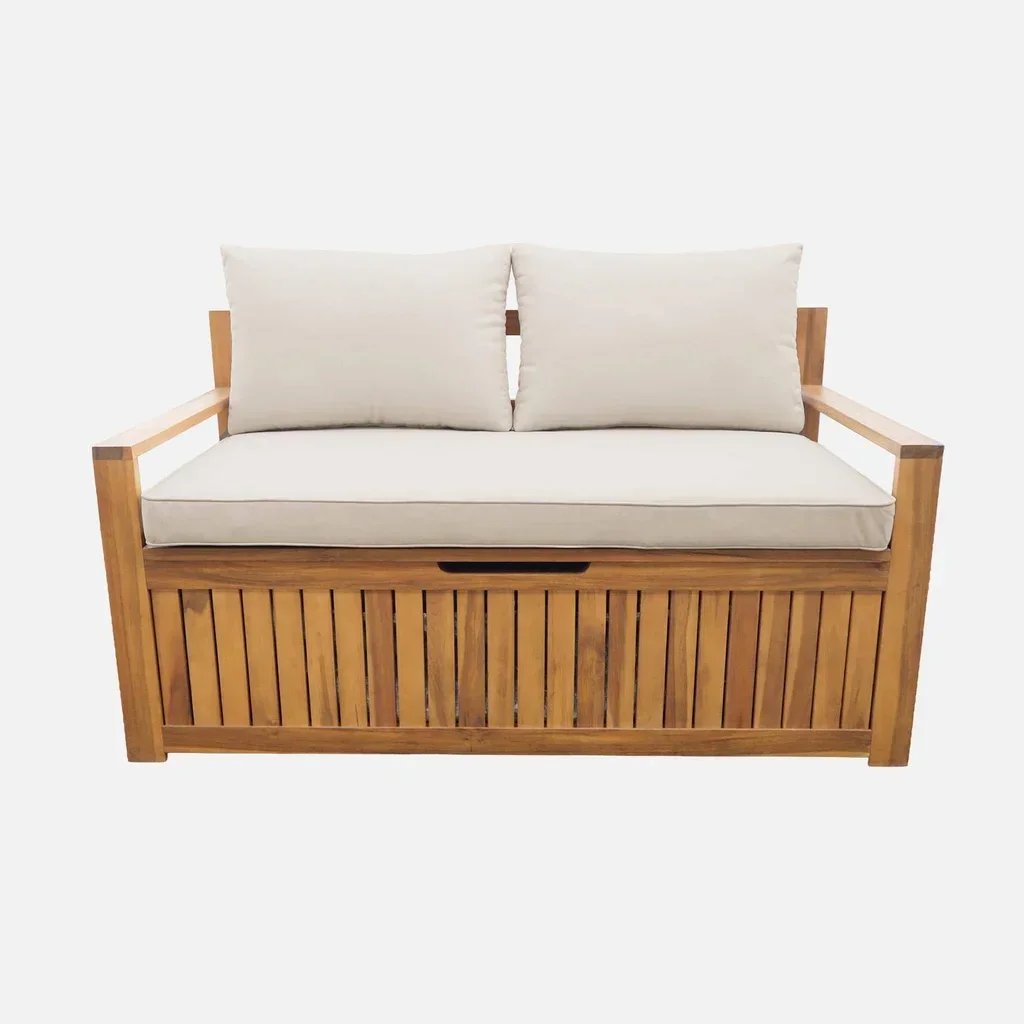 Banc coffre jardin bois acacia coussin rangement 110L Kuboa