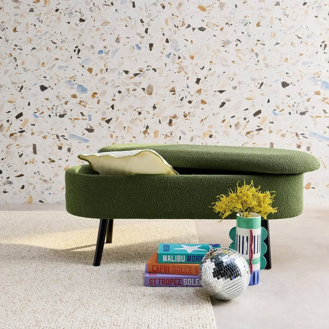 Banc rangement tissu bouclette bout de lit coffre intégré bois noir