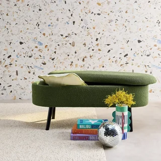 Banc rangement tissu bouclette bout de lit coffre intégré bois noir