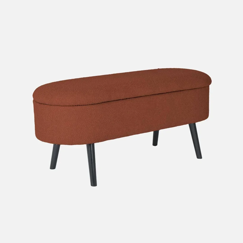 Banc de rangement tissu bouclette coffre intégré pieds bois noir