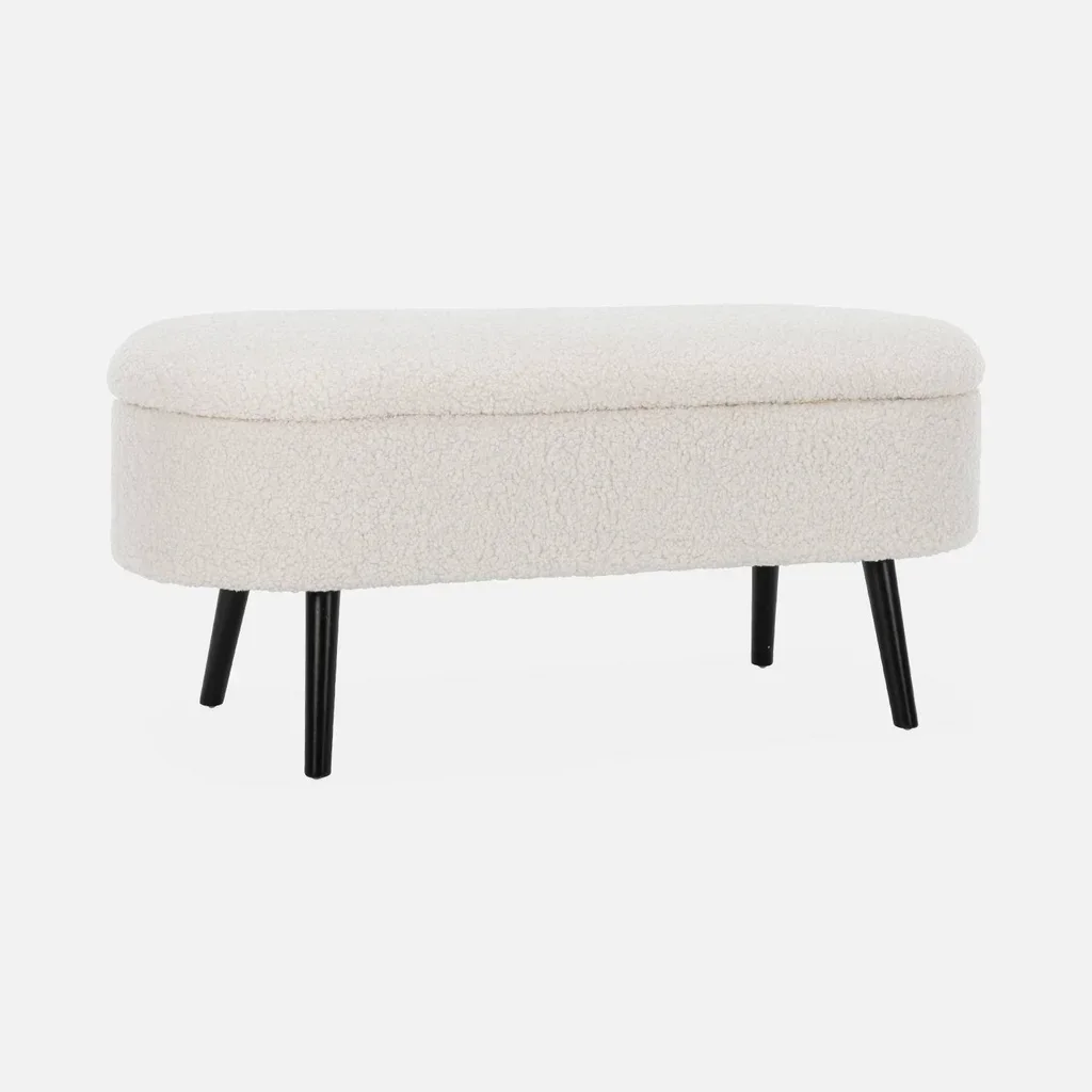 Banc rangement tissu bouclette bout de lit coffre intégré bois noir