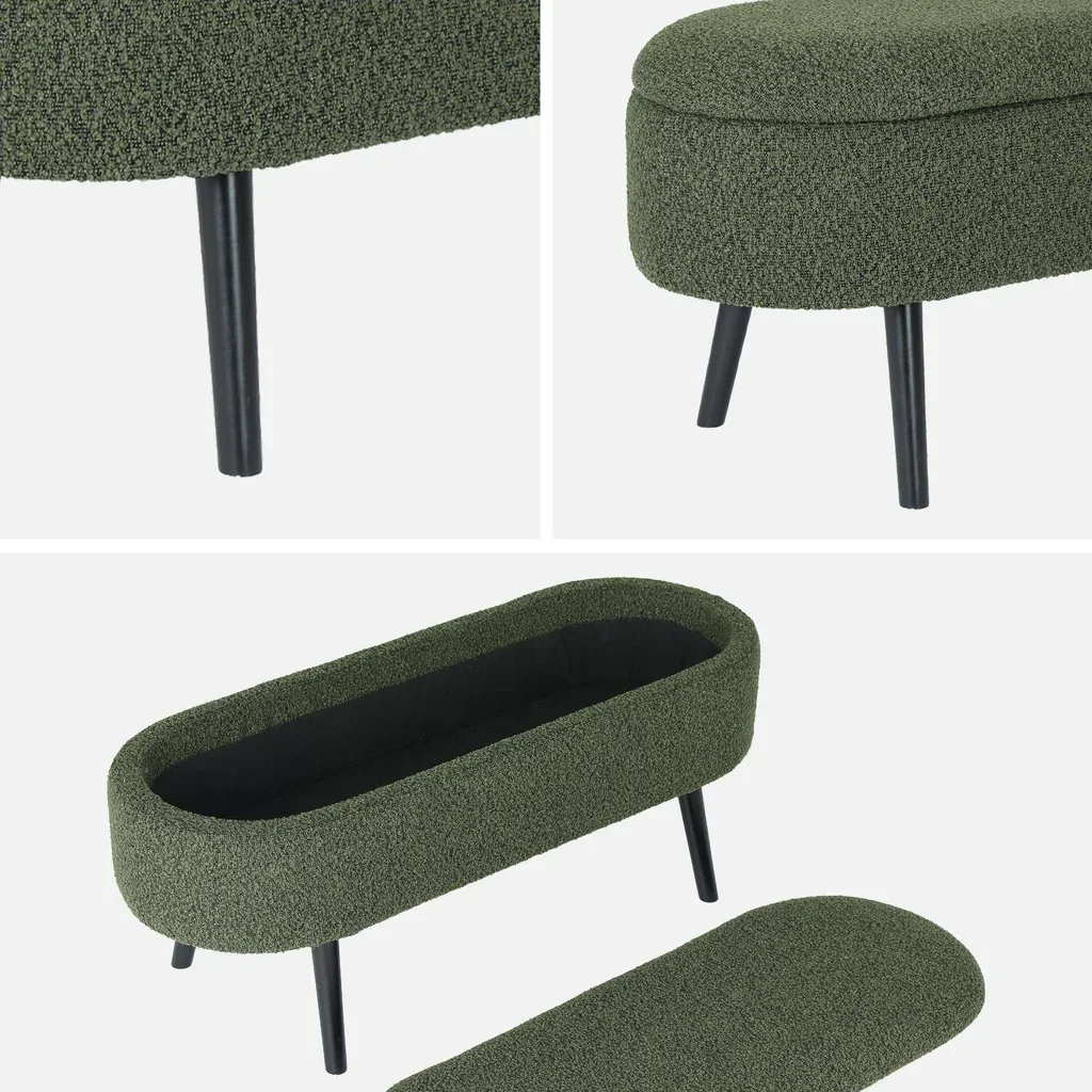 Banc rangement tissu bouclette bout de lit coffre intégré bois noir