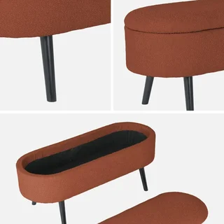 Banc de rangement tissu bouclette coffre intégré pieds bois noir