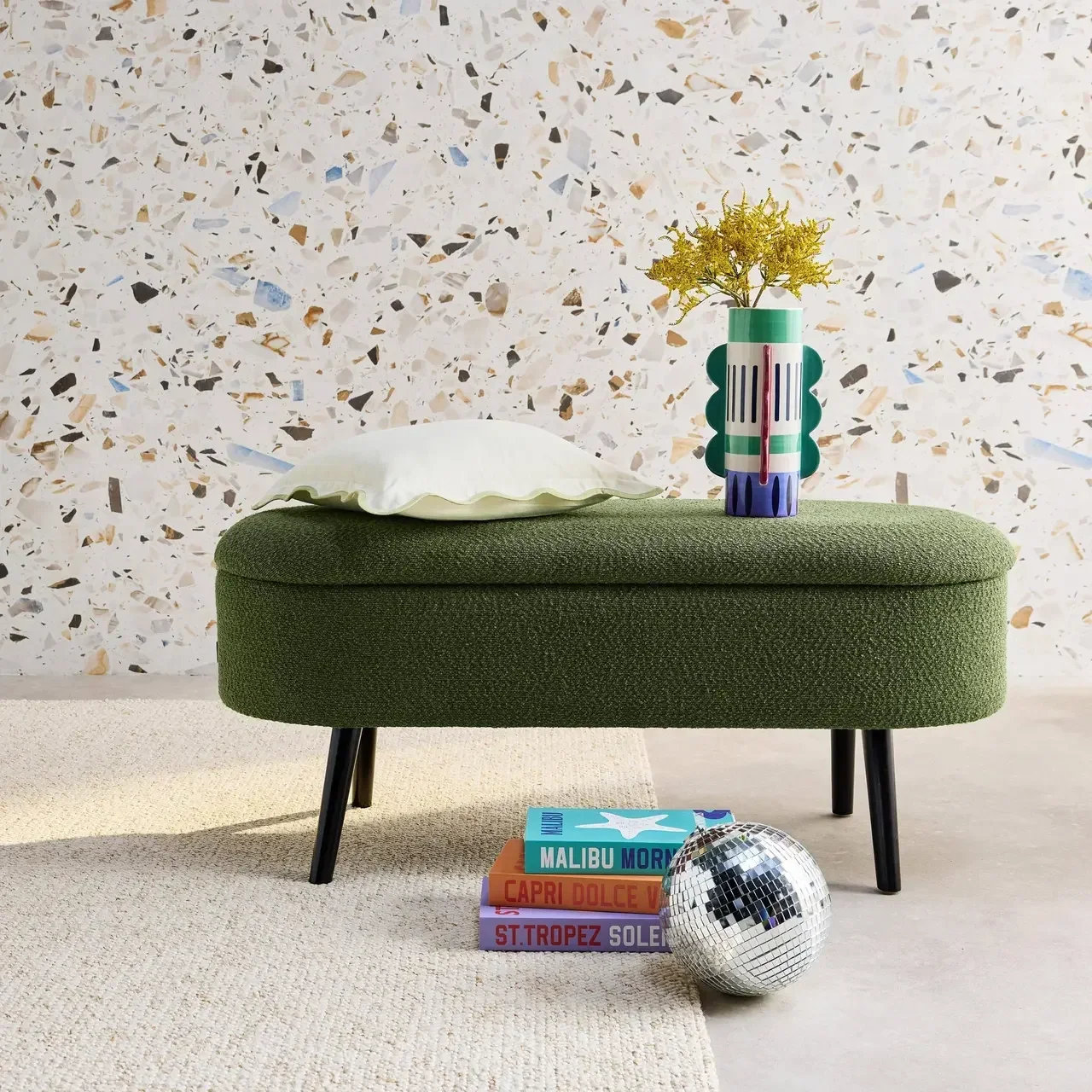 Banc rangement tissu bouclette bout de lit coffre intégré bois noir