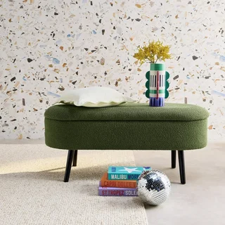 Banc rangement tissu bouclette bout de lit coffre intégré bois noir
