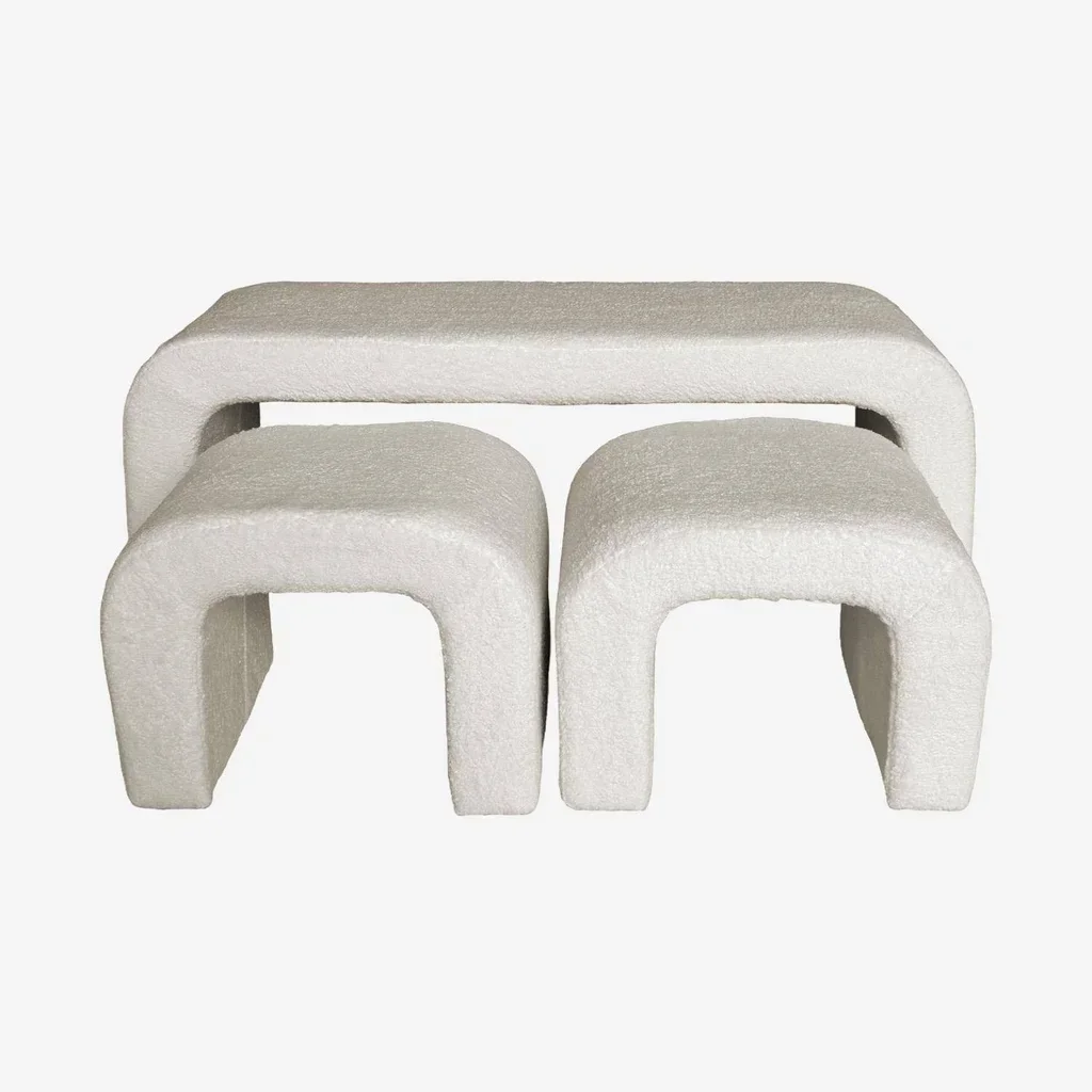 Banc tabourets gigognes bouclette bois pin recyclé salon cosy Ino