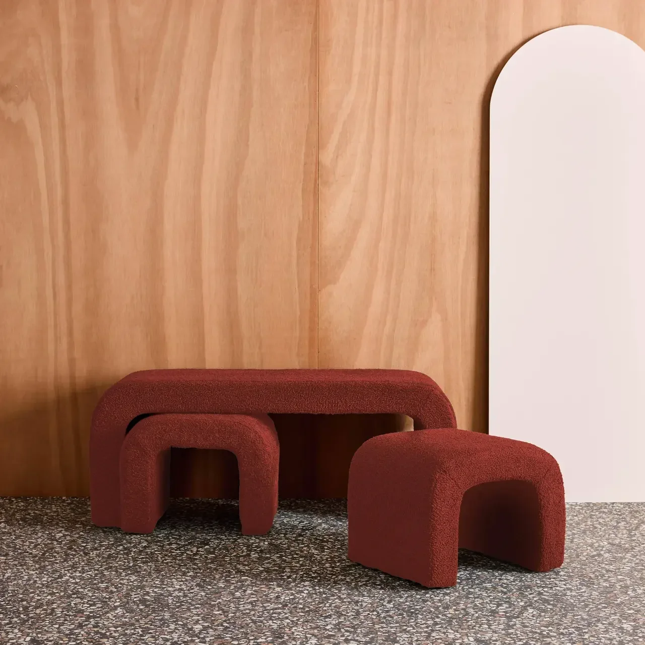 Banc tabourets gigognes bouclette bois recyclé salon entrée