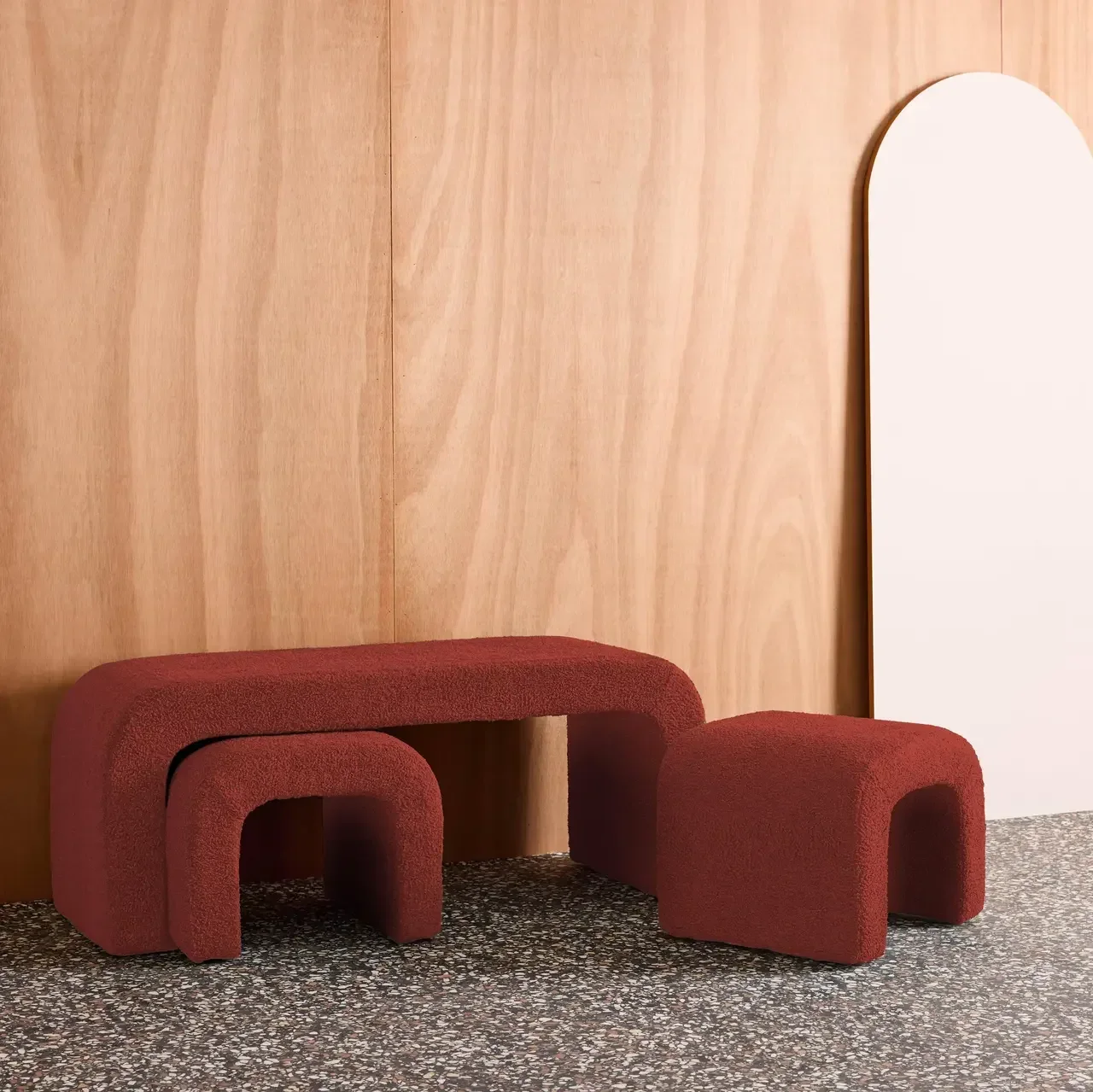 Banc tabourets gigognes bouclette bois recyclé salon entrée