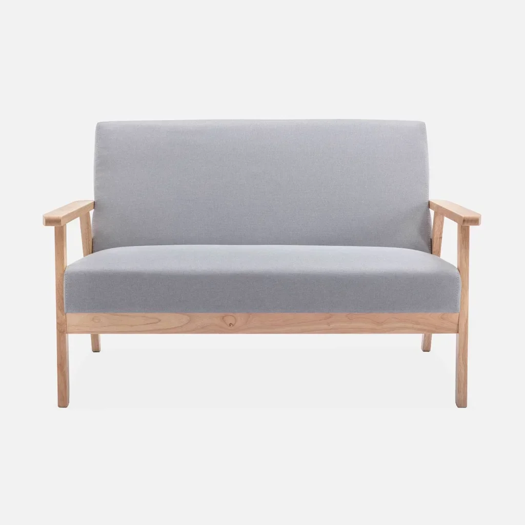 Banquette 2 places scandinave bois hévéa tissu bleu émeraude Isak