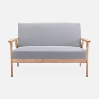 Banquette 2 places scandinave bois hévéa tissu bleu émeraude Isak