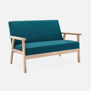 Banquette 2 places scandinave bois hévéa tissu bleu émeraude Isak
