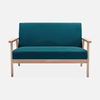 Banquette 2 places scandinave bois hévéa tissu bleu émeraude Isak