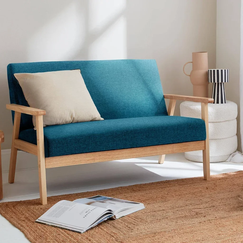 Banquette 2 places scandinave bois hévéa tissu bleu émeraude Isak
