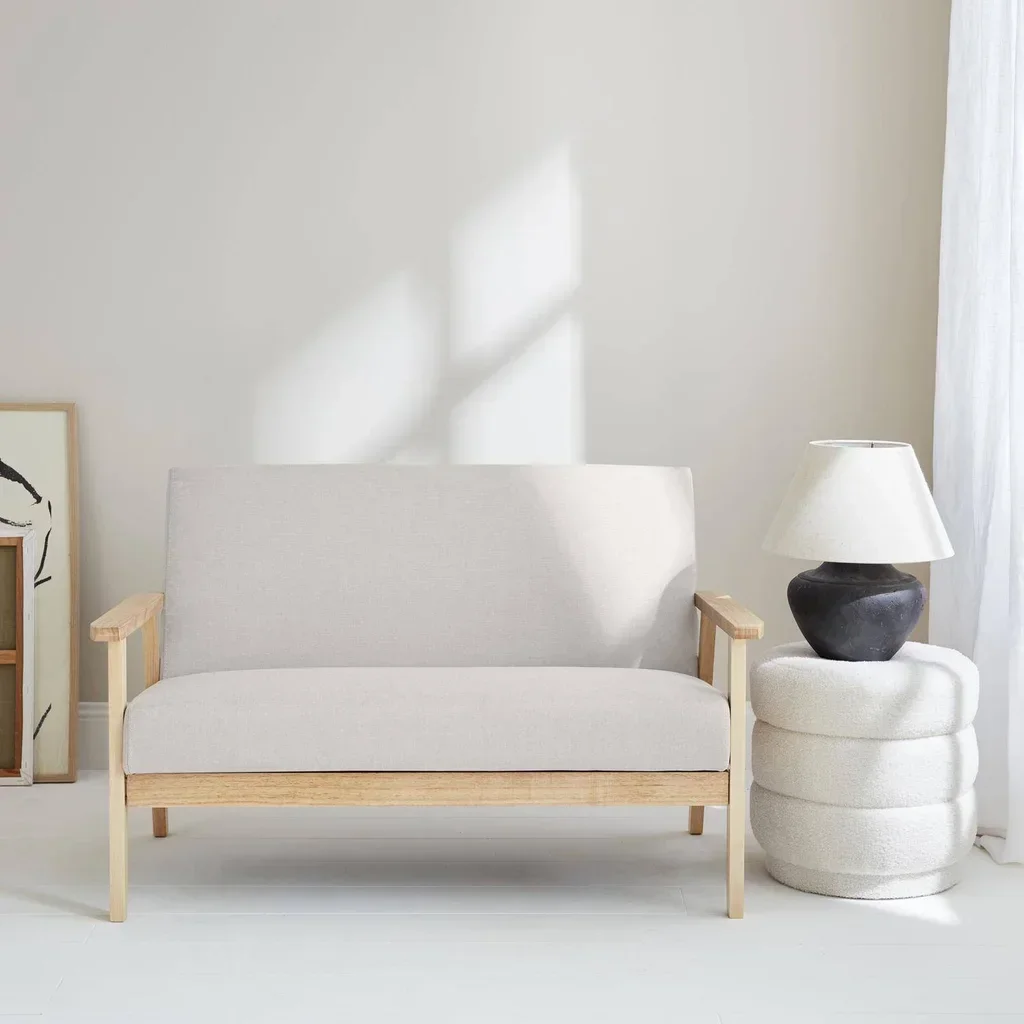 Banquette 2 places Isak bois hévéa tissu bleu émeraude style scandinave