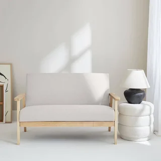 Banquette 2 places Isak bois hévéa tissu bleu émeraude style scandinave